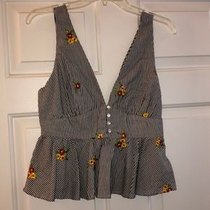 Fitted Striped with Flowers Tank Top with Buttons